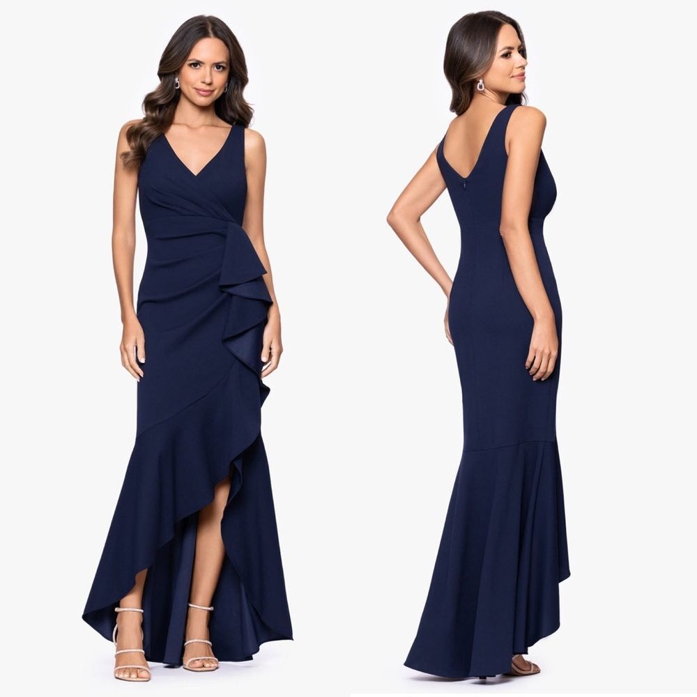 Betsy & Adam Candace Long V- Neck Hi Low Cascade Maxi Dress Navy Blue Size 6